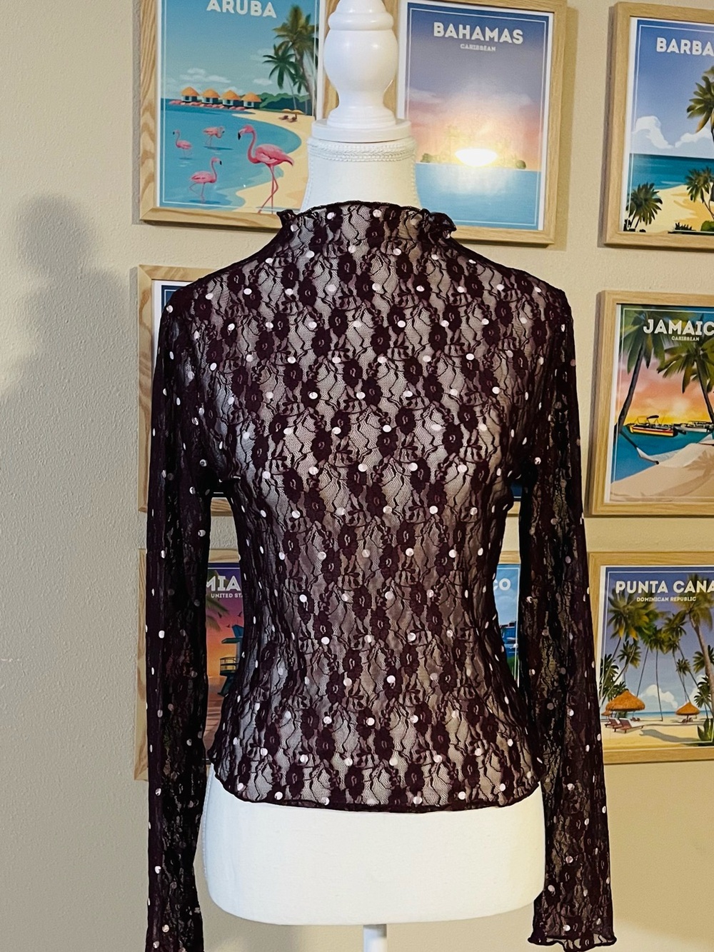 Moa Moa Sheer NWT (M) Long-Sleeve Lace Top Maroon with Dot Accents